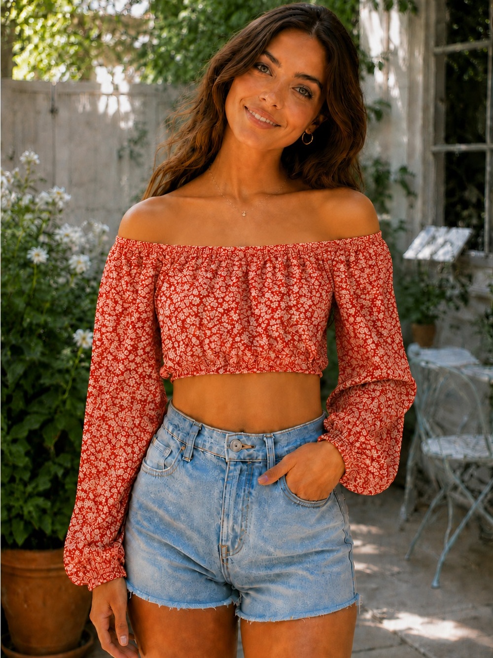 ACOA Red & White Ditsy Floral Off Shoulder Long Sleeve Crop Top, Small